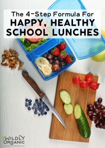 Graphic promoting healthy school lunches with fruits, veggies, nuts, and text overlay