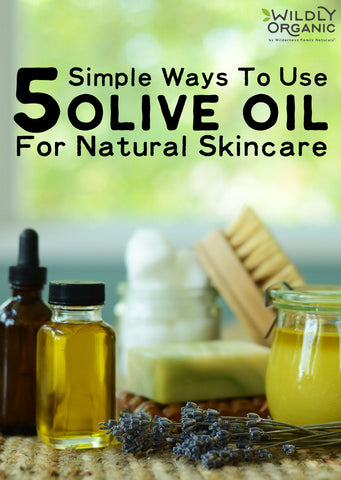 Ad poster for 5 Simple Ways To Use Olive Oil For Natural Skincare with bottles of oils, soap, and lavender.