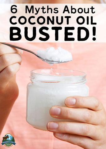 A hand holding a spoonful of coconut oil above a jar, with text 6 Myths About COCONUT OIL BUSTED above