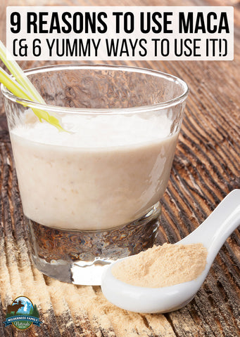 Text overlay on image about maca uses, with a smoothie in a glass and maca powder on a spoon.