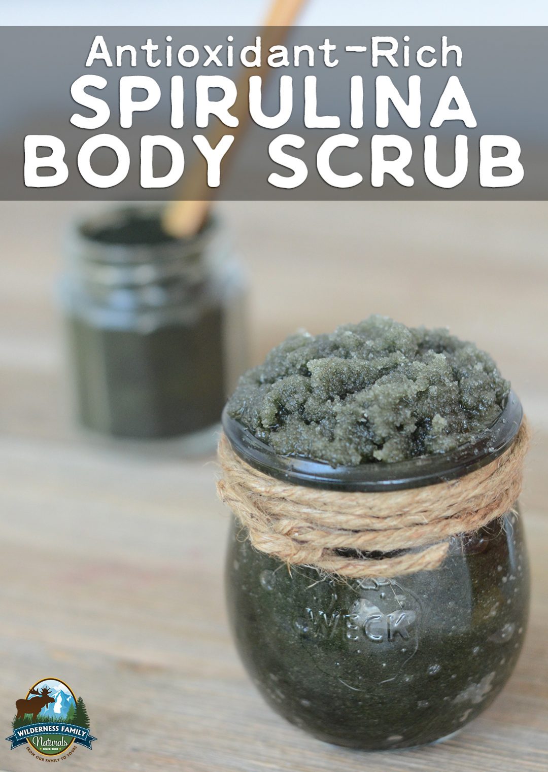 A jar of spirulina scrub with text Antioxidant-Rich Spirulina Body Sccrub