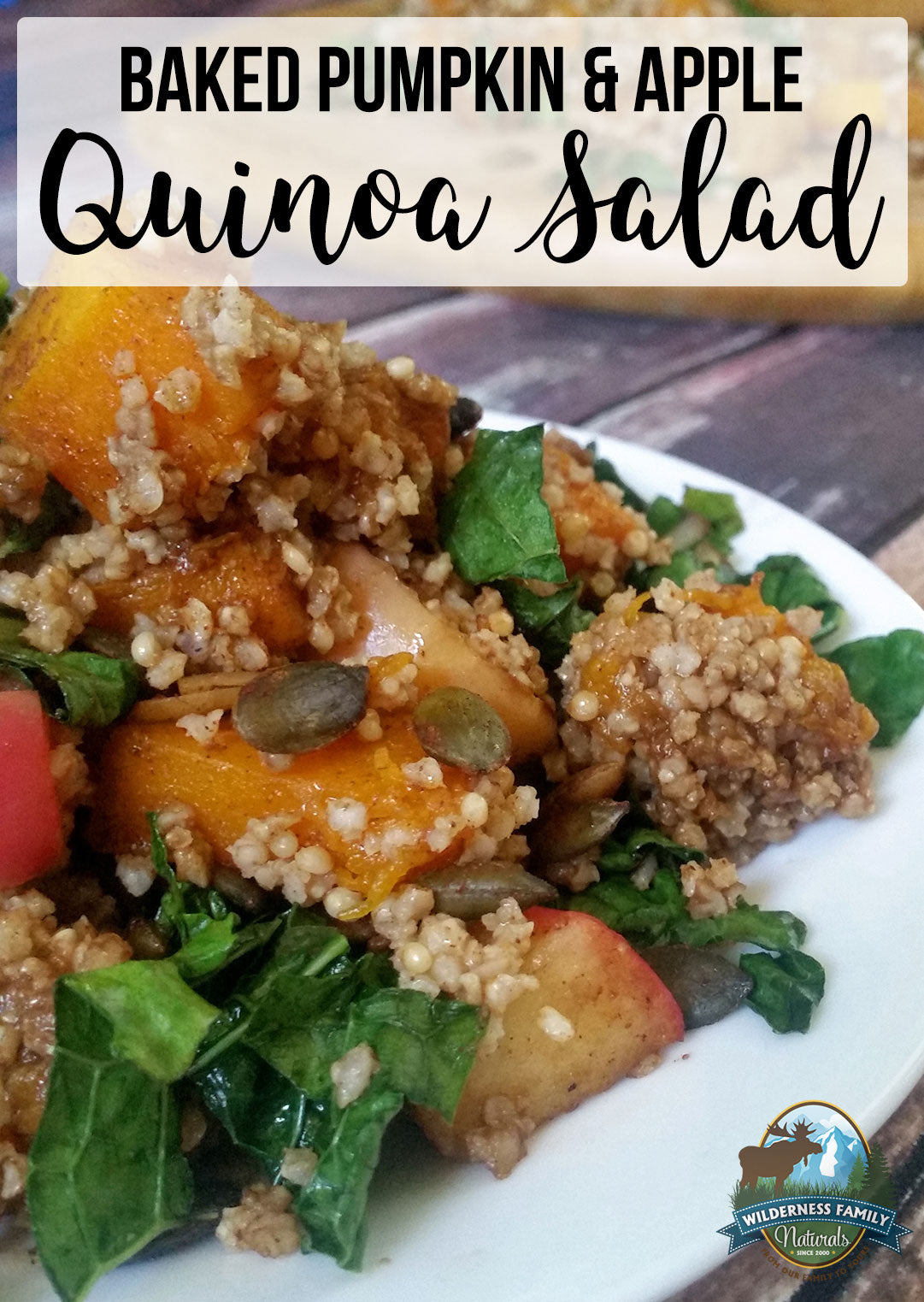 A plate of baked pumpkin, apple, and quinoa salad served on a table.