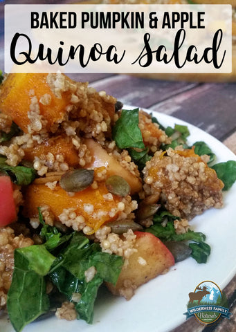 A plate of baked pumpkin and apple quinoa salad with spinach, topped with seeds
