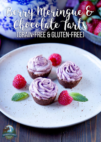 Plate with berry meringue and chocolate tarts, labeled as grain-free and gluten-free