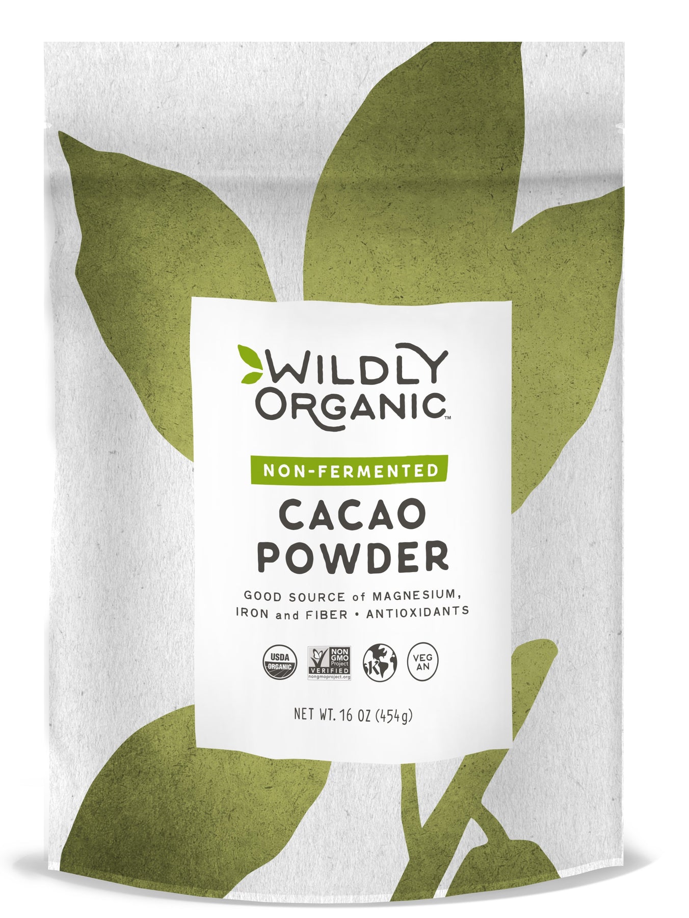 Bag of Wildly Organic Non-Fermented Cacao Powder with Good Source of Magnesium, Iron, Fiber, and Antioxidants