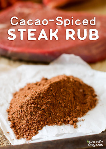 Pile of cacao-spiced steak rub on paper with blurred steak background, labeled