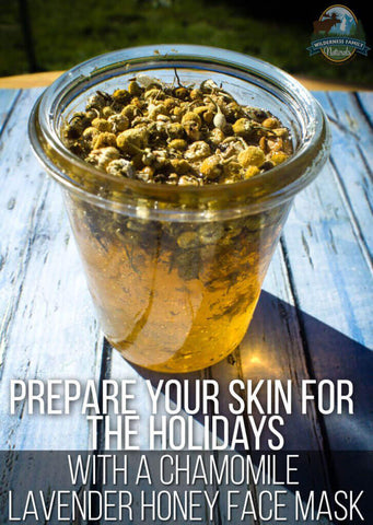 Jar of chamomile lavender honey face mask on a wooden table with text overlay about skincare