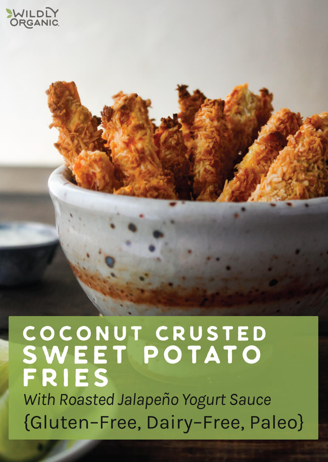 Coconut Crusted Sweet Potato Fries in a ceramic bowl with Roasted Jalapeño Yogurt Sauce on the side on a table.