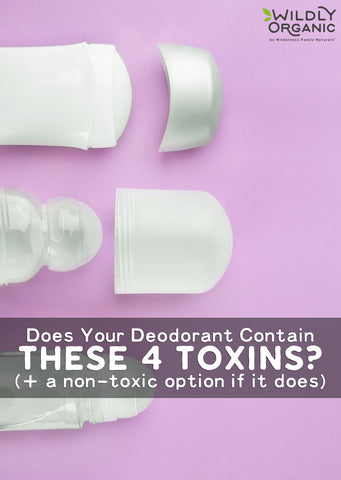 Deodorant sticks on purple background with text about toxins and a non-toxic option