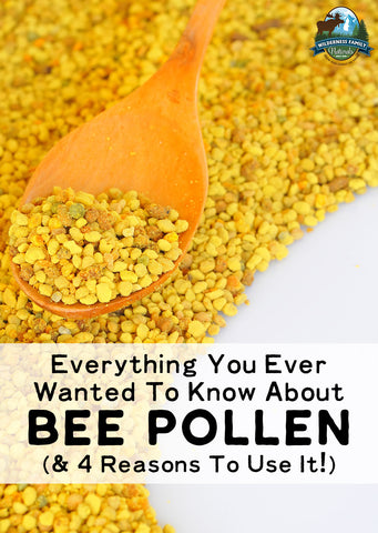 A wooden spoon holding bee pollen over a spread of pollen granules, with text about bee pollen benefits