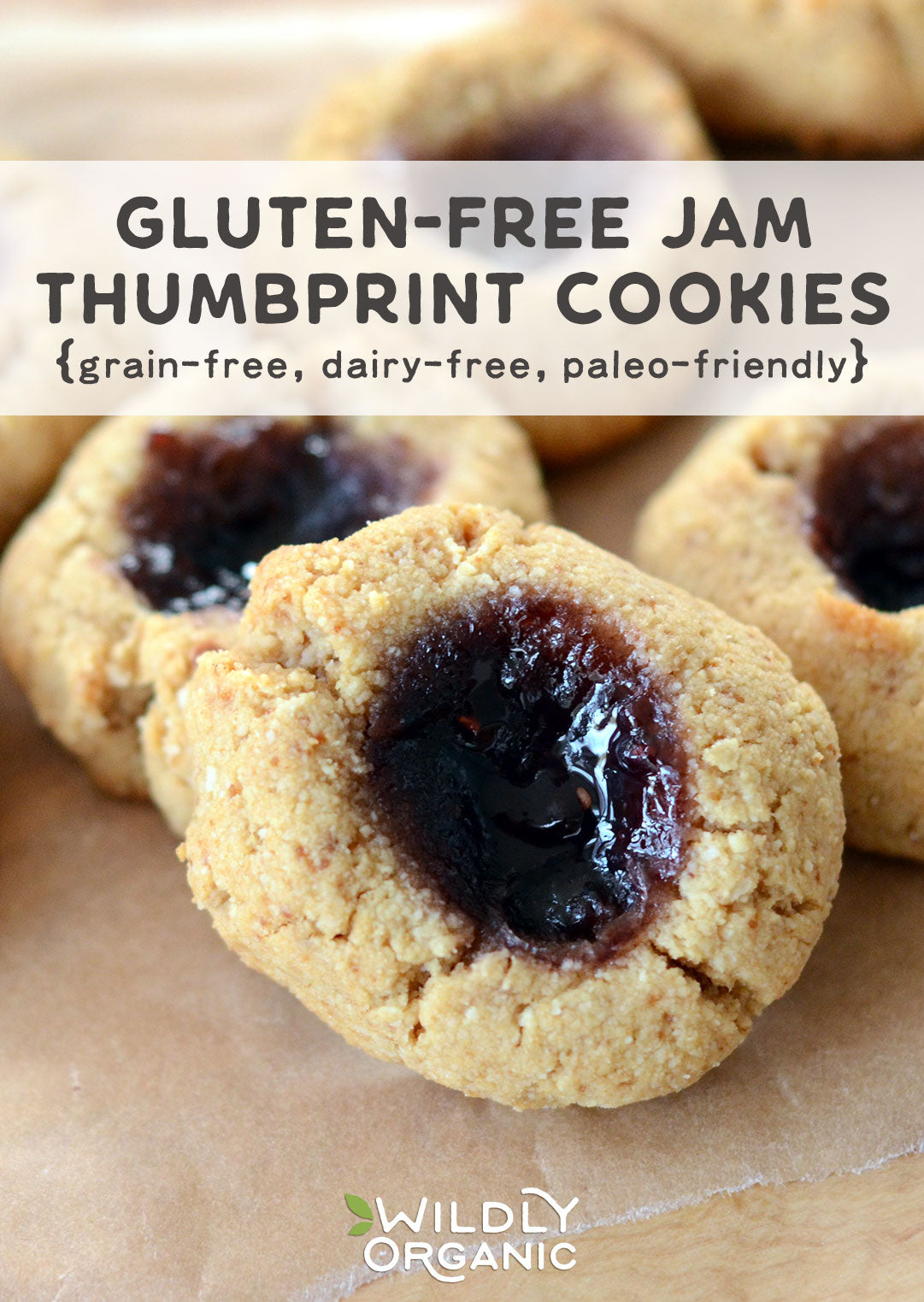 Close-up of Gluten-Free Jam Thumbprint Cookies with text: Grain-Free, Dairy-Free, Paleo-Friendly, Wildly Organic