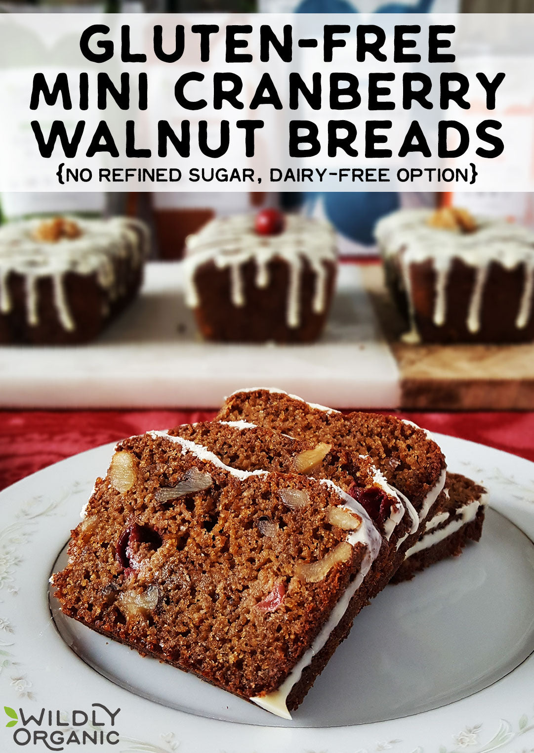 Photo of gluten-free mini cranberry walnut breads, with some sliced