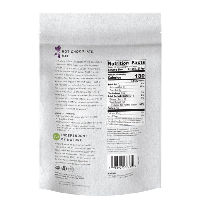 Back of 1 pound pouch of organic hot chocolate mix