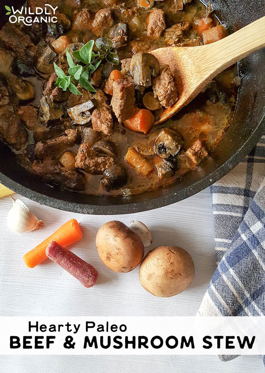 Photo of Hearty Paleo Beef and Mushroom Stew, a low-carb dish with roasted coffee, fresh marjoram, and no potatoes