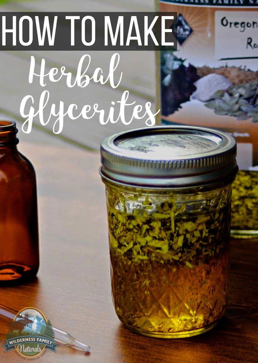 A jar of herbal glycerite with text How to make Herbal Glycerites above it, next to a dropper and a bottle.
