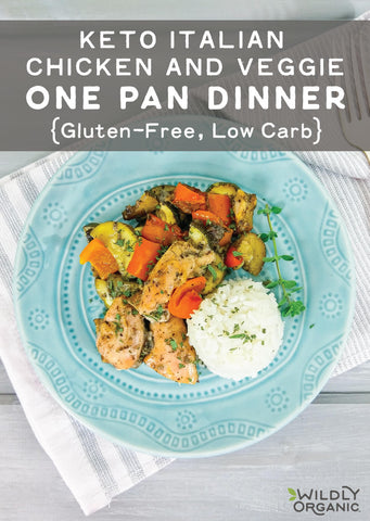 A photo of a plate with keto italian chicken and vegetables one pan dinner with some rice.