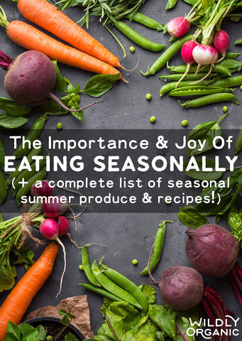 Fresh vegetables on a dark surface with text about eating seasonally.