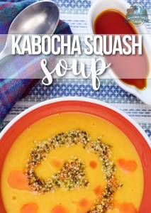 Kabocha squash soup in a bowl with KABOCHA SQUASH SOUP text overlay, garnished with seeds and oil