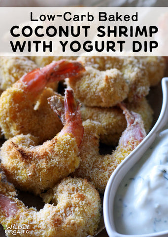 Breaded coconut shrimp on a plate with yogurt dip, titled