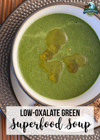 Bowl of green superfood soup with olive oil, titled LOW-OXALATE GREEN Superfood Soup