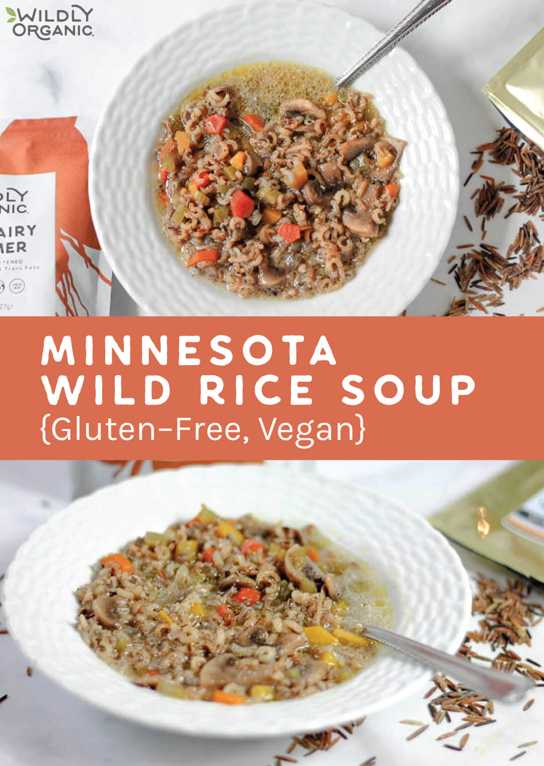 Minnesota wild rice soup, gluten-free and vegan, featuring a hearty blend of wild rice, mushrooms, and fresh vegetables