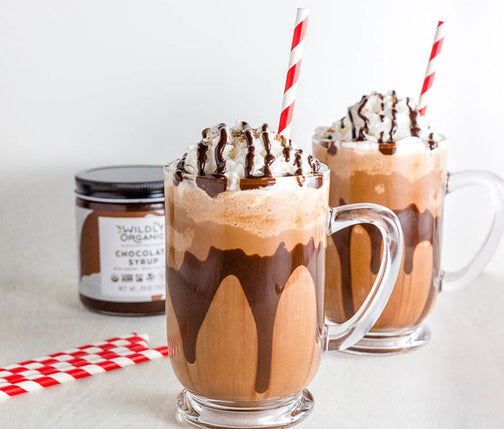 Organic chocolate sauce in iced mocha coffees