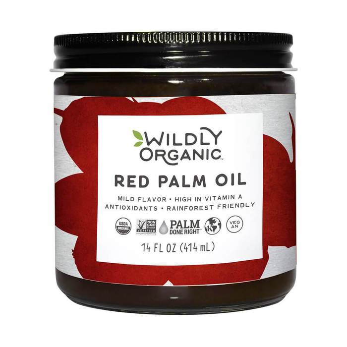 Jar of Wildly Organic Red Palm Oil, with eco and dietary labels, white and red design