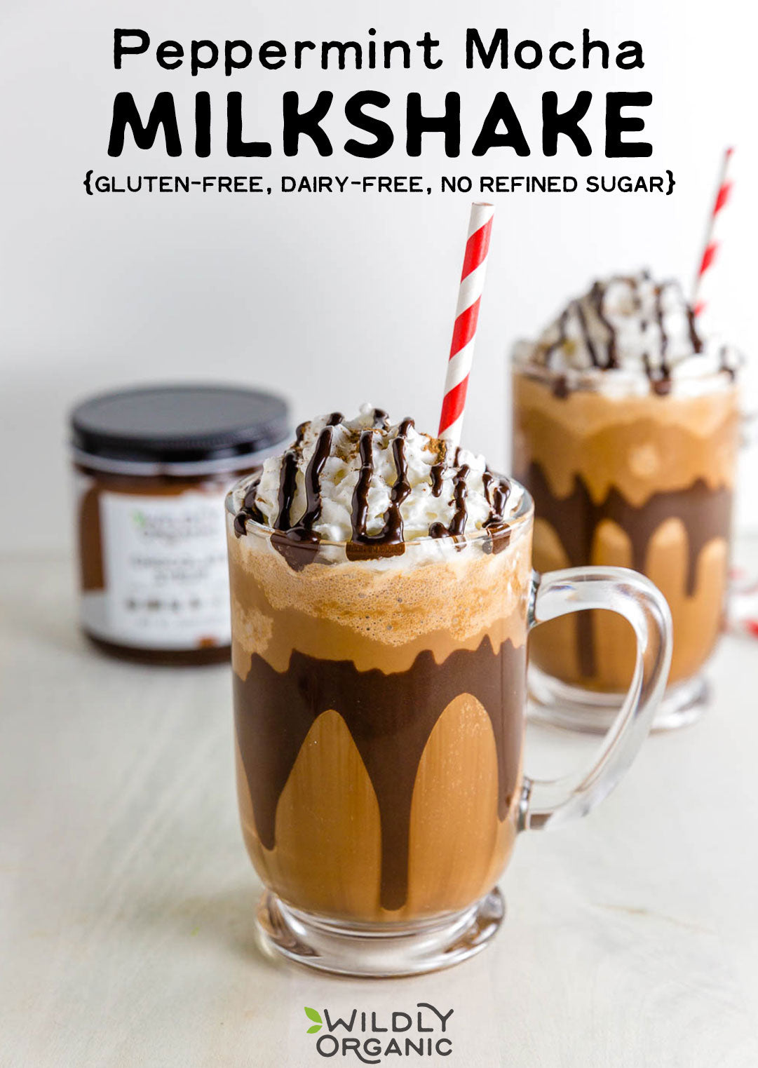 Glass mug with Peppermint Mocha Milkshake and straw, text: Gluten-Free, Dairy-Free, No Refined Sugar