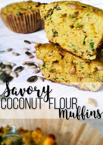 Sliced savory coconut flour muffins with seeds on a white surface