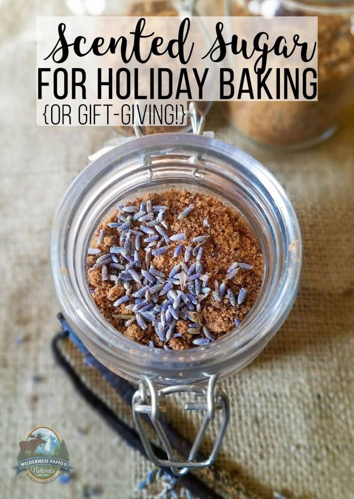 A jar of brown sugar topped with lavender, labelled Scented Sugar for Holiday Baking or Gift-Giving