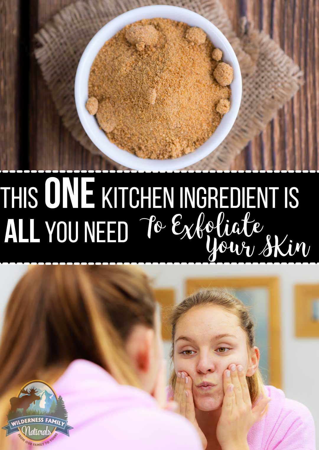 Woman applying homemade exfoliating mask from a bowl, with text The one kitchen ingredient is all you need to exfoliate.