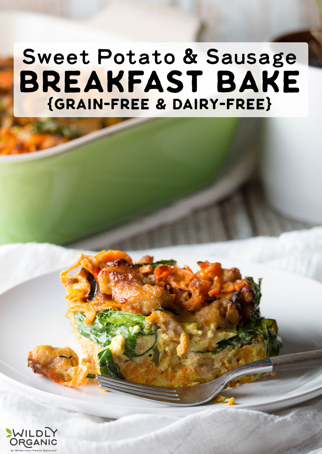 Plate of sweet potato and sausage breakfast bake with a fork, labeled grain-free and dairy-free