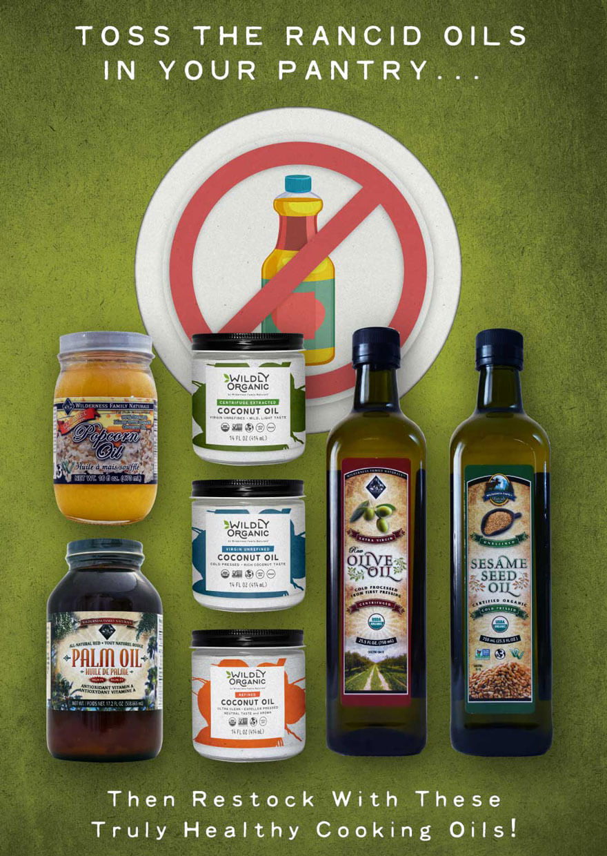 Ad for healthy cooking oils suggesting to discard rancid oils, with images of alternative oil products displayed