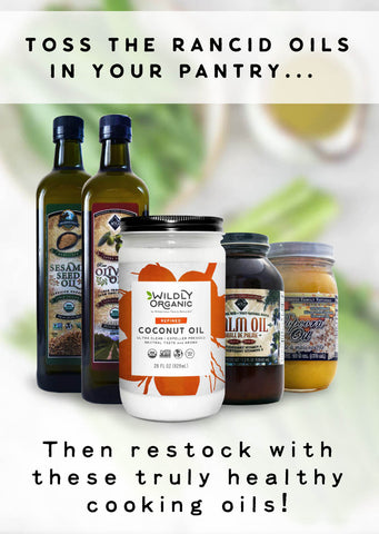 Ad for healthy cooking oils: coconut, olive, sesame, palm, and popcorn oils displayed with a slogan