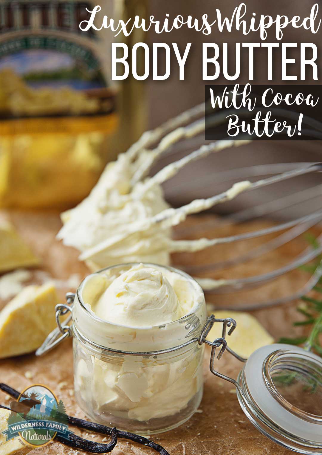 Jar of luxurious whipped body butter with cocoa butter and a whisk, labeled 'Luxurious Whipped Body Butter with Cocoa Butter