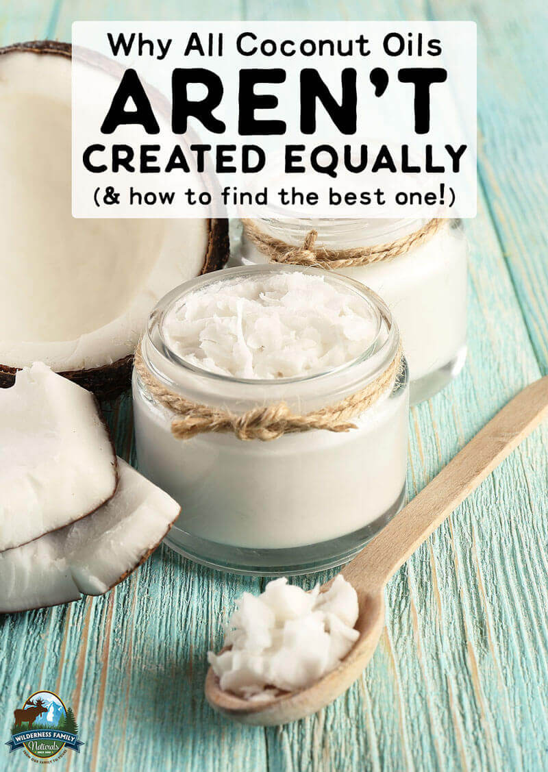 Image of coconut oil in a jar with flakes on a spoon, text Why all coconut oils aren't created equally.