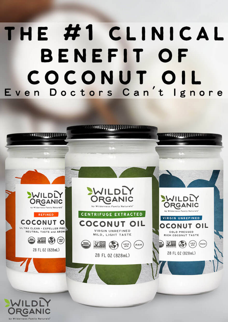 Three jars of Wildly Organic coconut oil with labels, against a blurred background