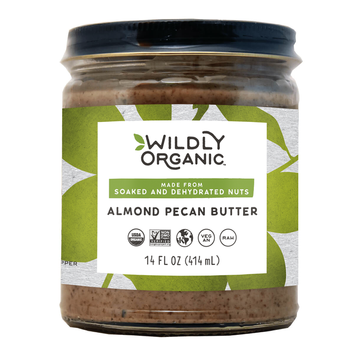 Jar of Wildly Organic almond pecan butter against a white background