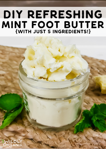 A photo of a glass jar of DIY refreshing mint foot butter on a table.