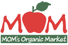 MOM's Organic Market logo with a red apple and green leaf design.