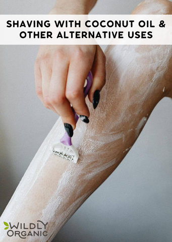 Picture of a leg with coconut oil replacing shaving cream and a razor being applied to leg.